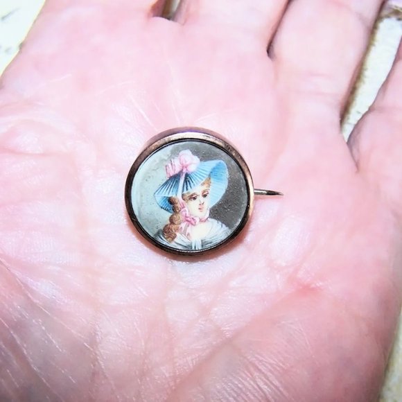 Antique Edwardian Gold Filled Handpainted Portrait Miniature Pin Brooch - Picture 3 of 5